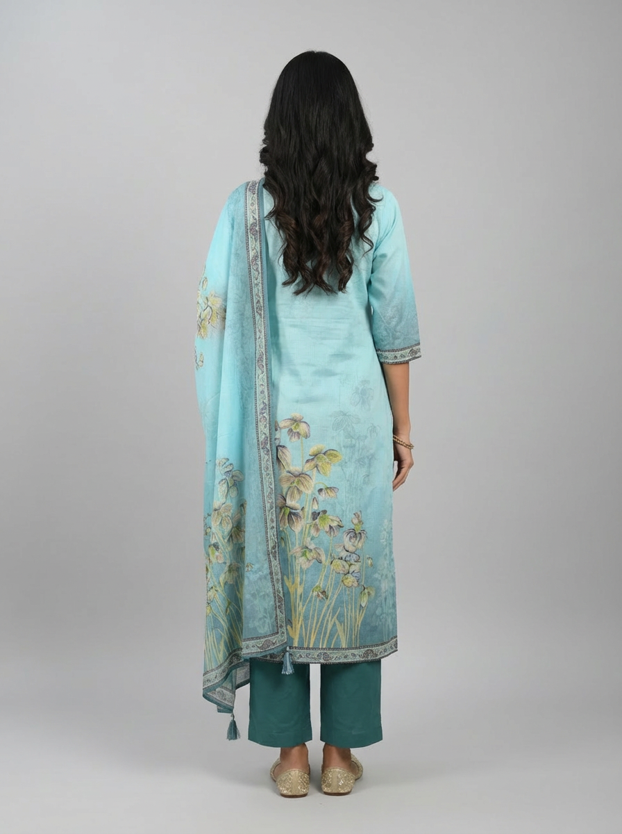 Sky Blue Floral Printed Kurti Set with Dupatta - Image 4