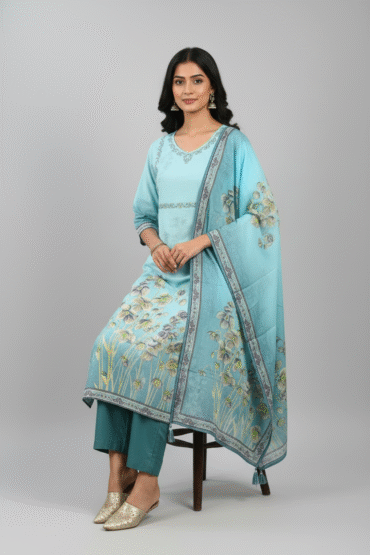 Sky Blue Floral Printed Kurti Set with Dupatta