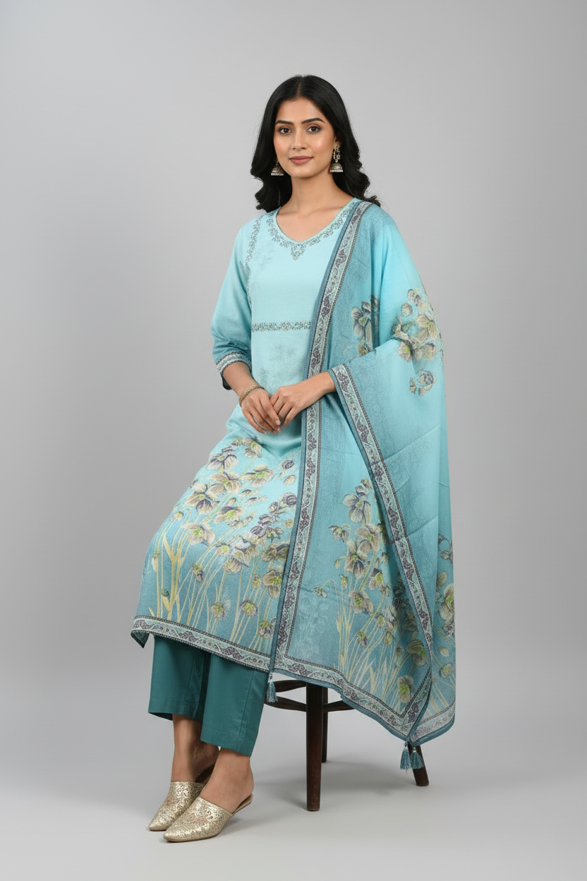 Sky Blue Floral Printed Kurti Set with Dupatta