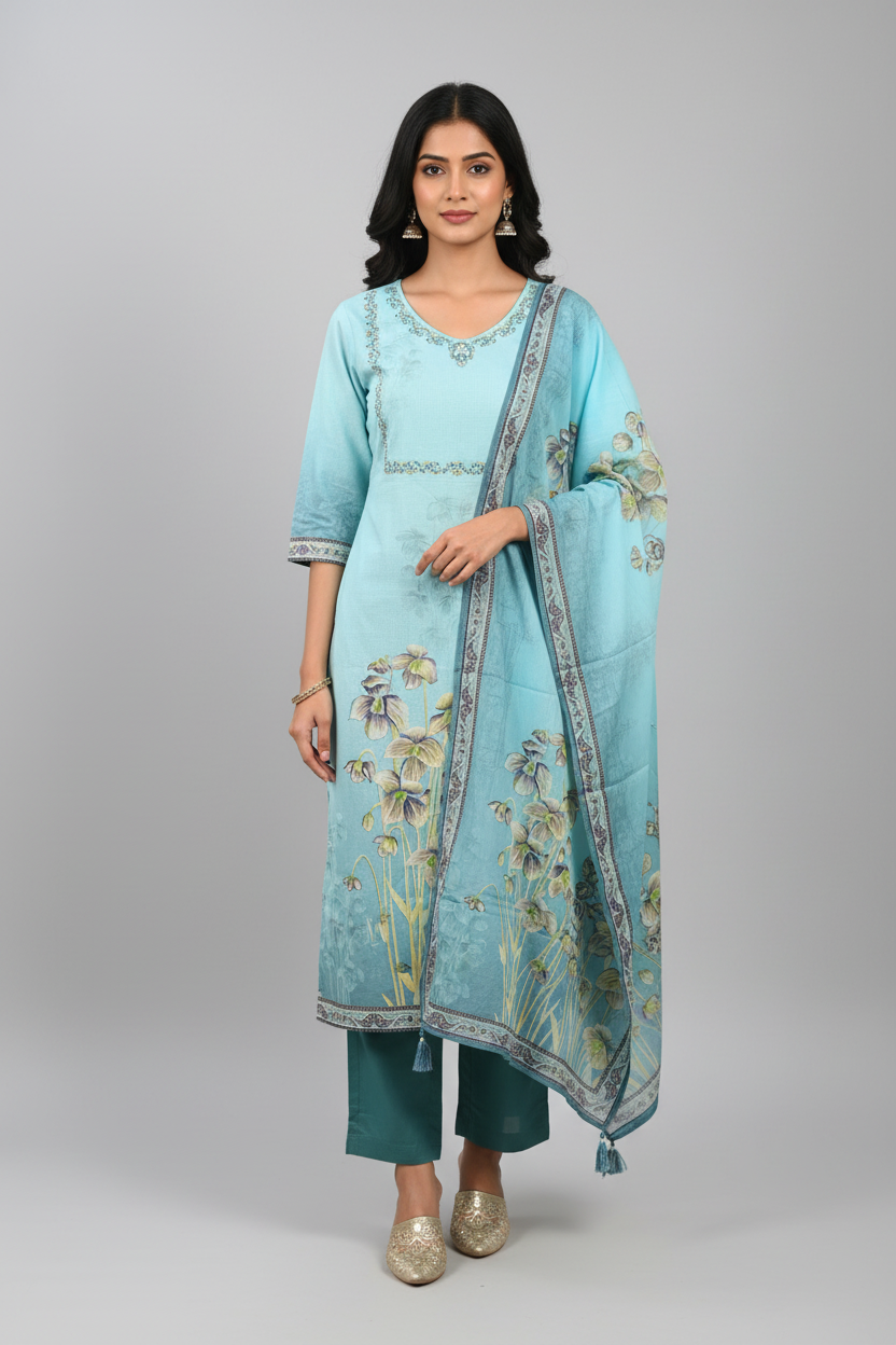 Sky Blue Floral Printed Kurti Set with Dupatta - Image 2