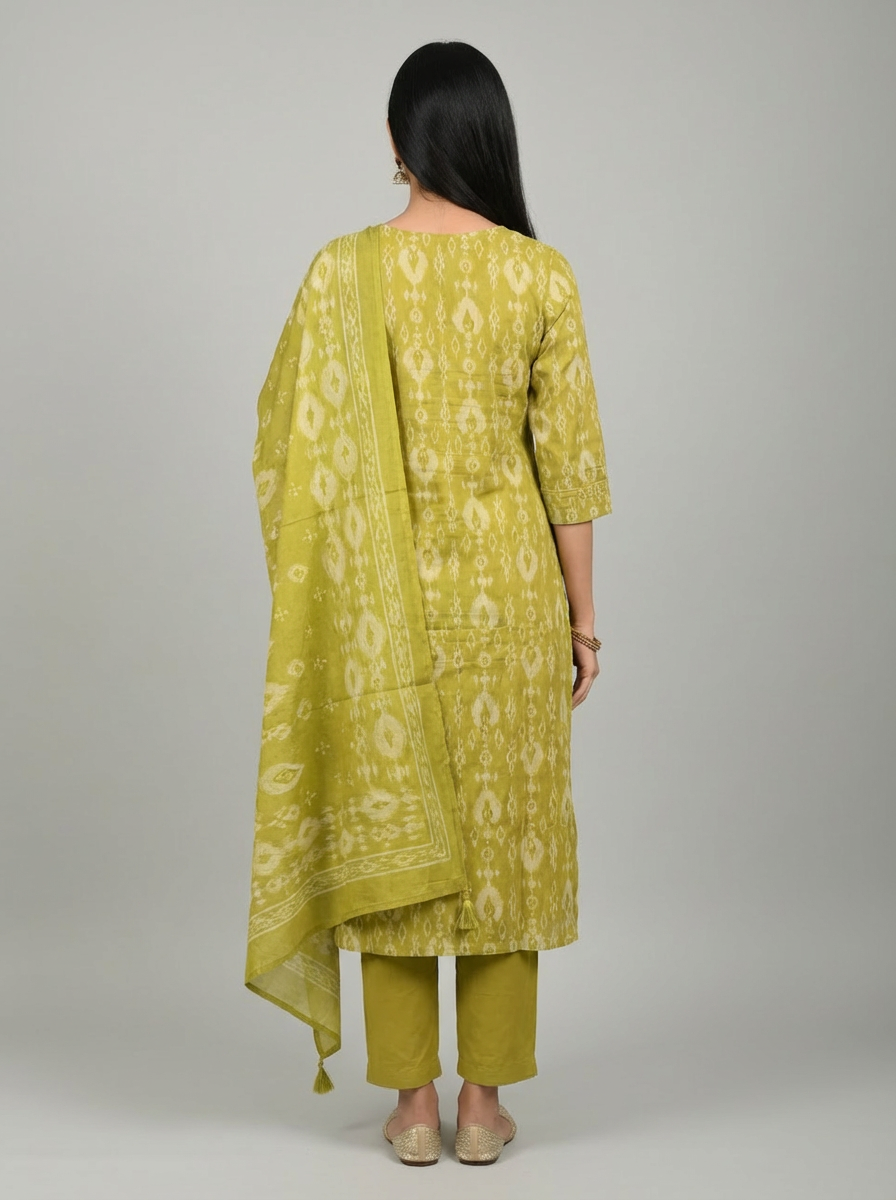 Olive Green Ikat Pattern Kurti Set with Matching Dupatta - Image 4