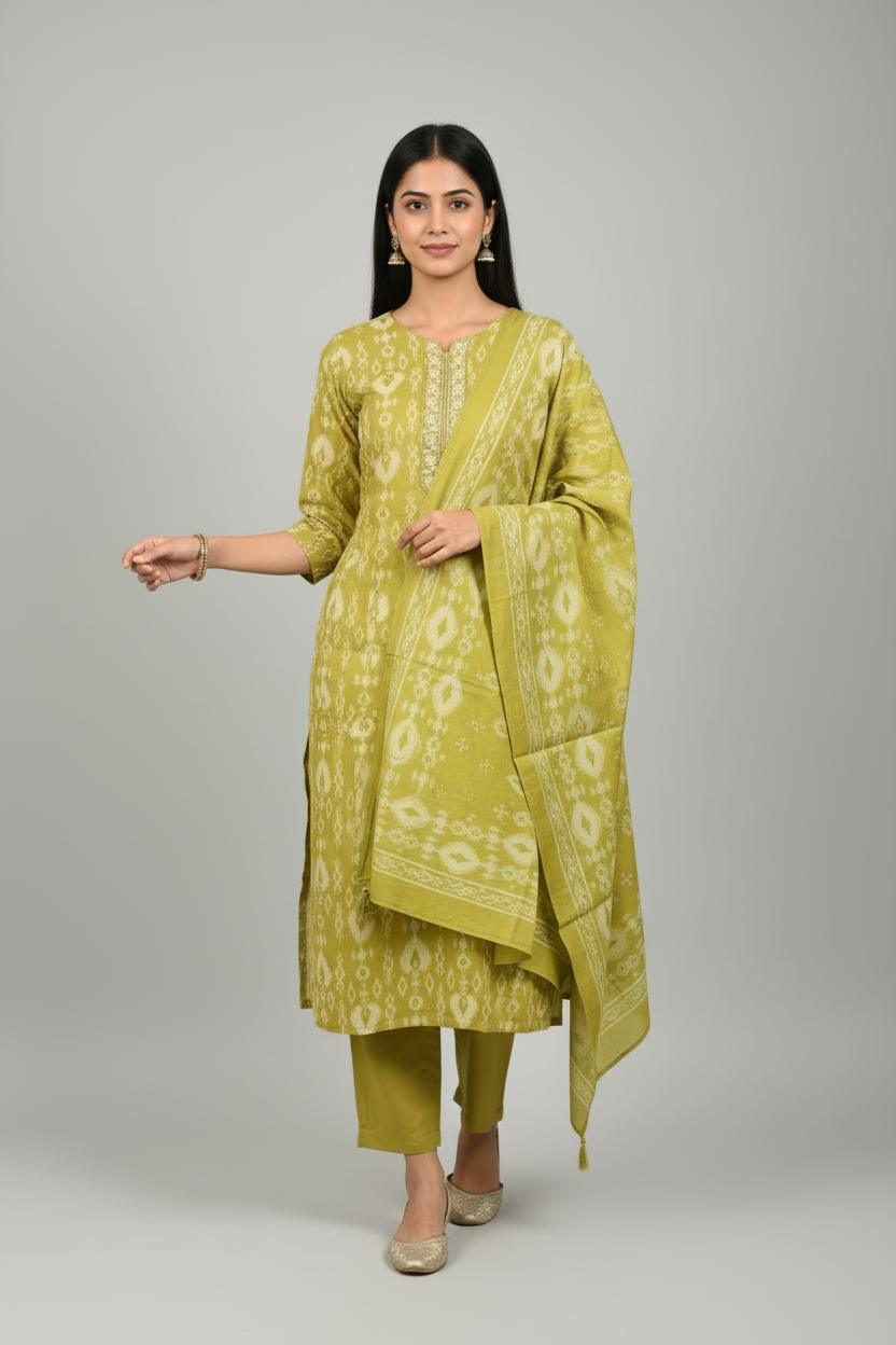 Olive Green Ikat Pattern Kurti Set with Matching Dupatta - Image 2