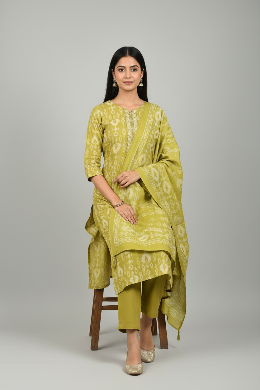 Olive Green Ikat Pattern Kurti Set with Matching Dupatta