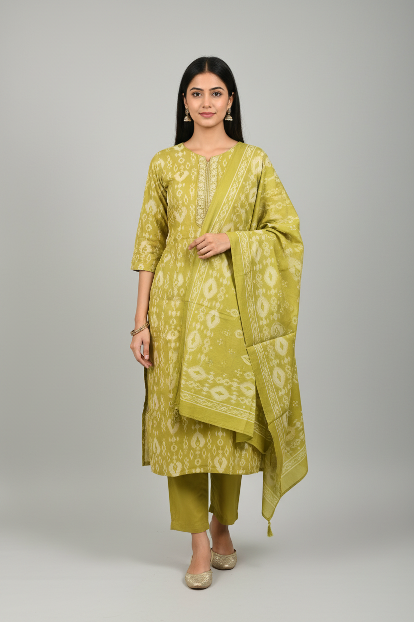 Olive Green Ikat Pattern Kurti Set with Matching Dupatta - Image 3