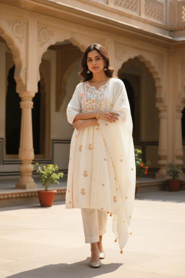 Ivory Floral Embroidered Kurti Set with Matching Dupatta