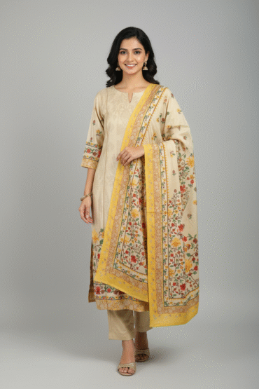 Beige Floral Printed Kurti Set with Yellow Dupatta
