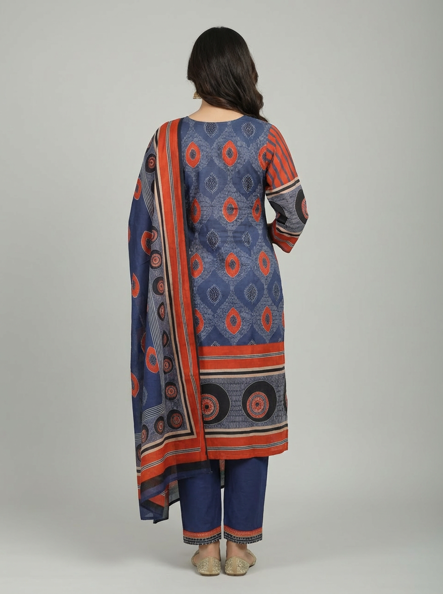 Navy Blue & Rust Printed Kurti Set with Matching Dupatta - Image 2