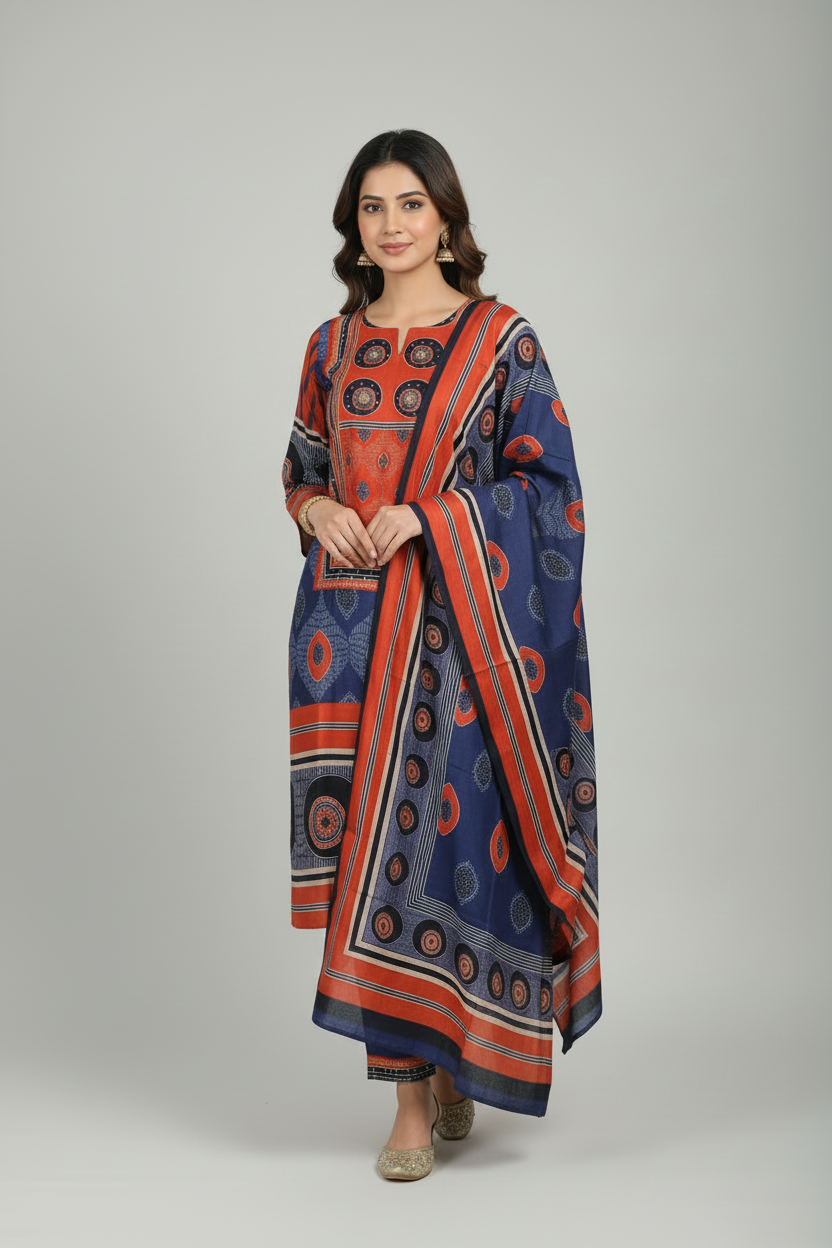 Navy Blue & Rust Printed Kurti Set with Matching Dupatta