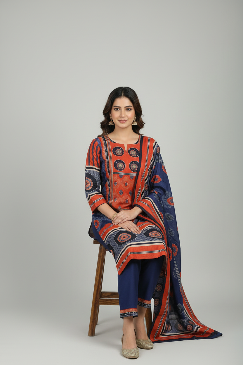Navy Blue & Rust Printed Kurti Set with Matching Dupatta - Image 4