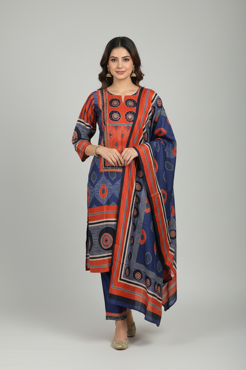 Navy Blue & Rust Printed Kurti Set with Matching Dupatta - Image 3