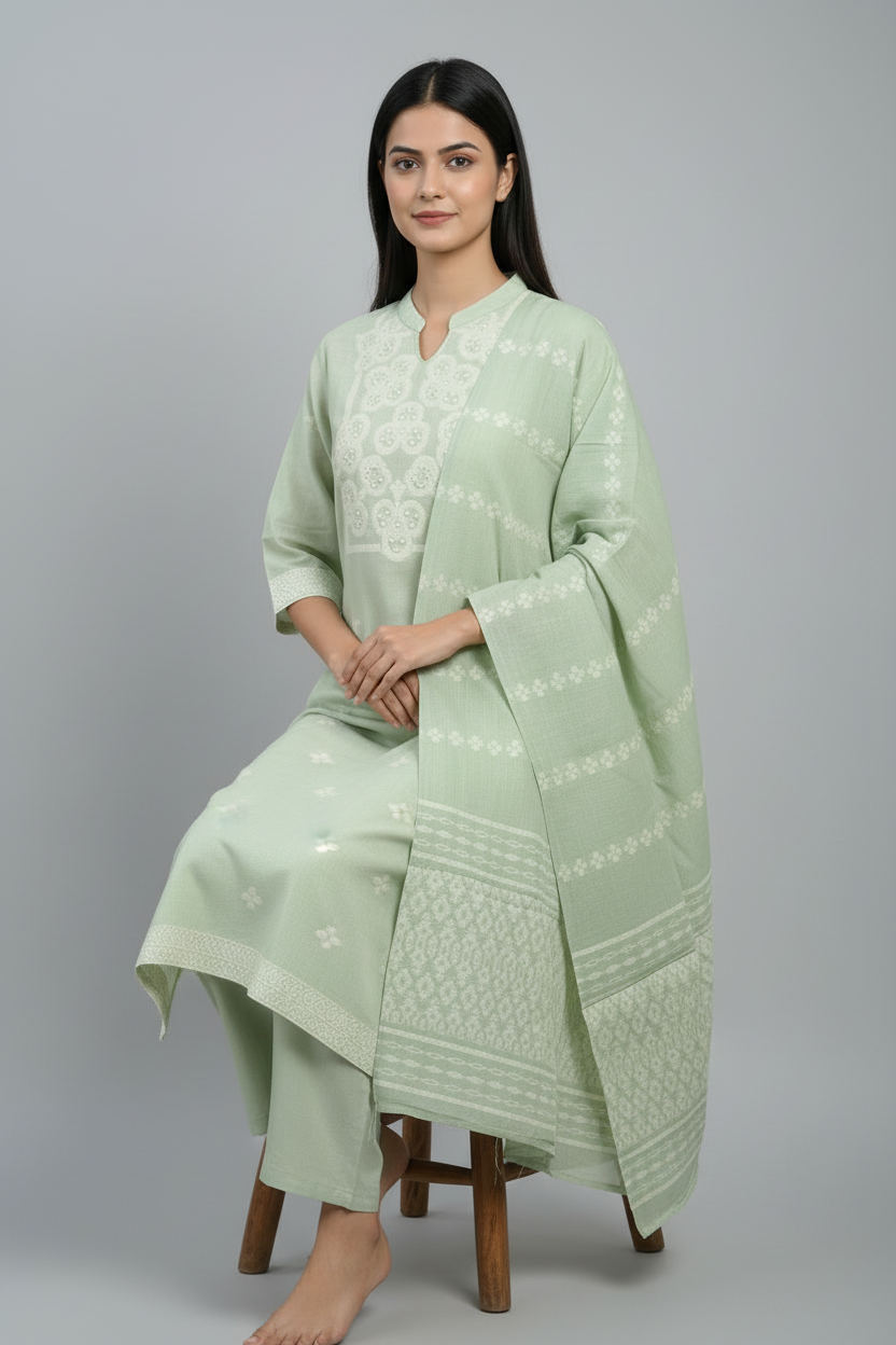 Pastel Green Printed Kurti Set with Matching Dupatta - Image 2