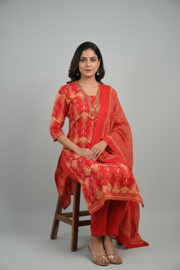Red Printed Kurti Set with Matching Dupatta