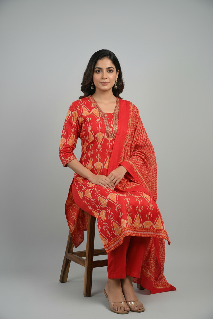 Red Printed Kurti Set with Matching Dupatta