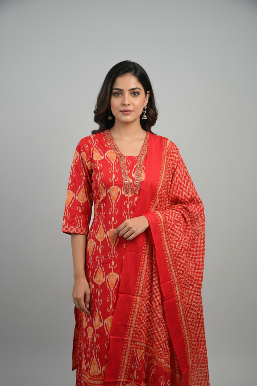 Red Printed Kurti Set with Matching Dupatta - Image 3