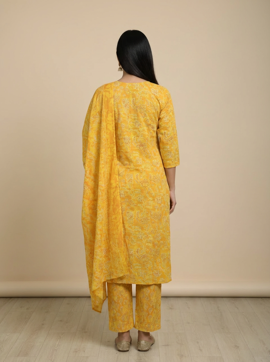 Mustard Yellow Printed Kurti Set with Matching Dupatta - Image 2