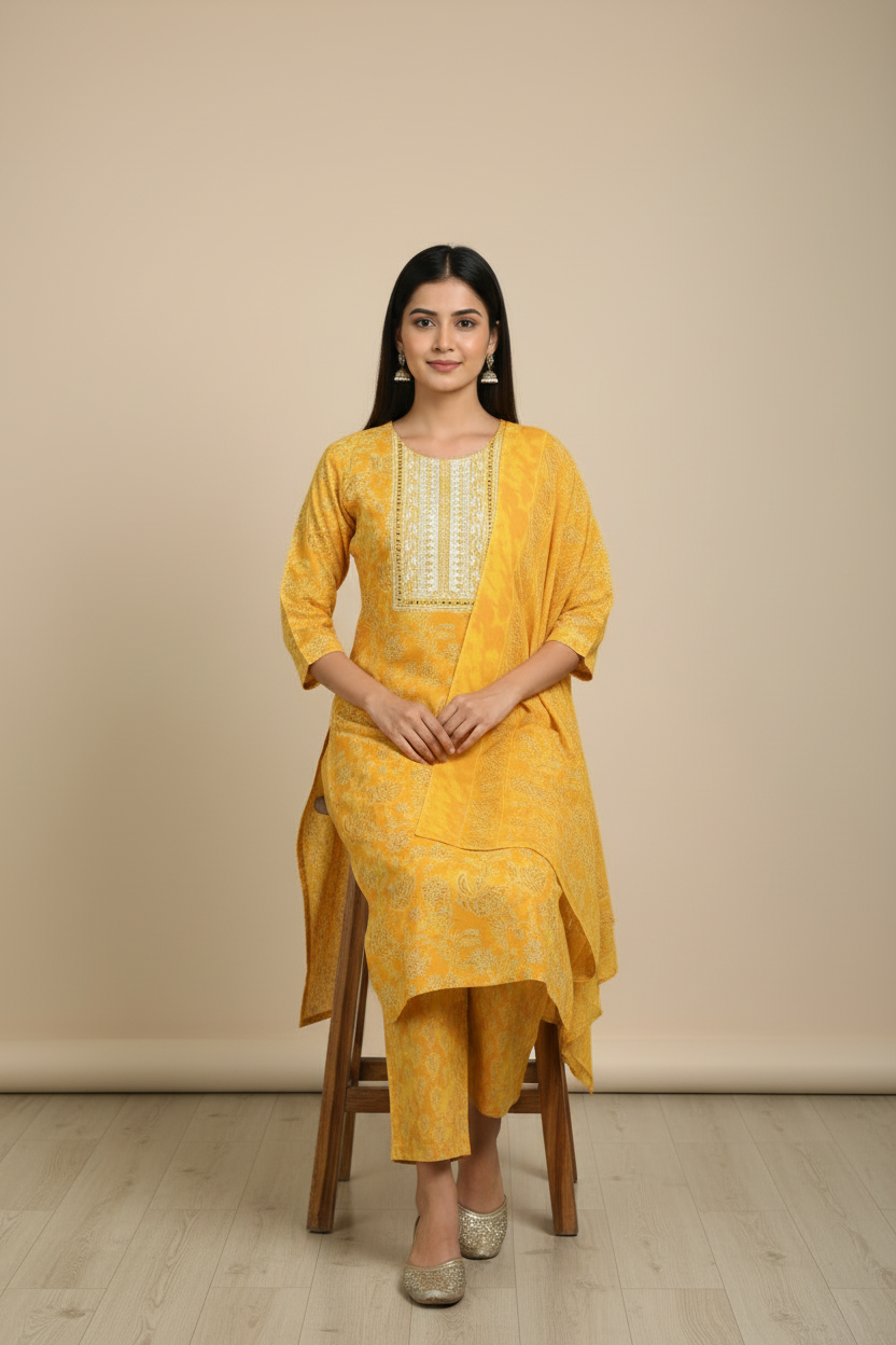 Mustard Yellow Printed Kurti Set with Matching Dupatta