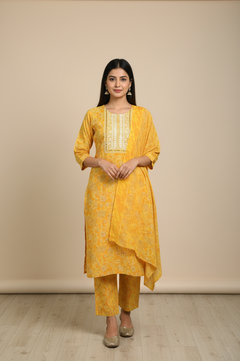 Mustard Yellow Printed Kurti Set with Matching Dupatta - Image 3