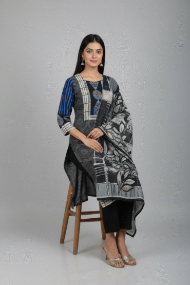 Elegant Black & Grey Printed Kurti Set with Dupatta
