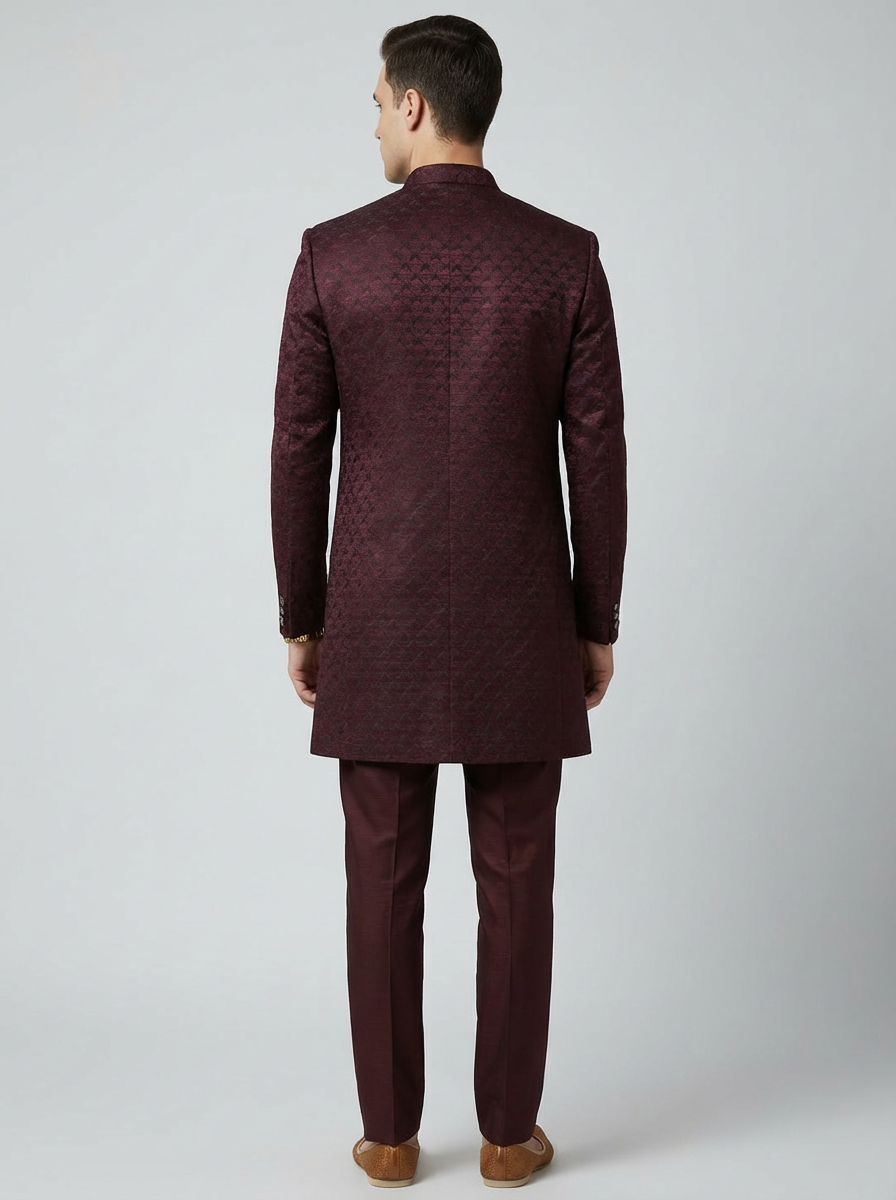 J.M. HENARI Men’s Designer Wine Indo-Western Sherwani - Image 3