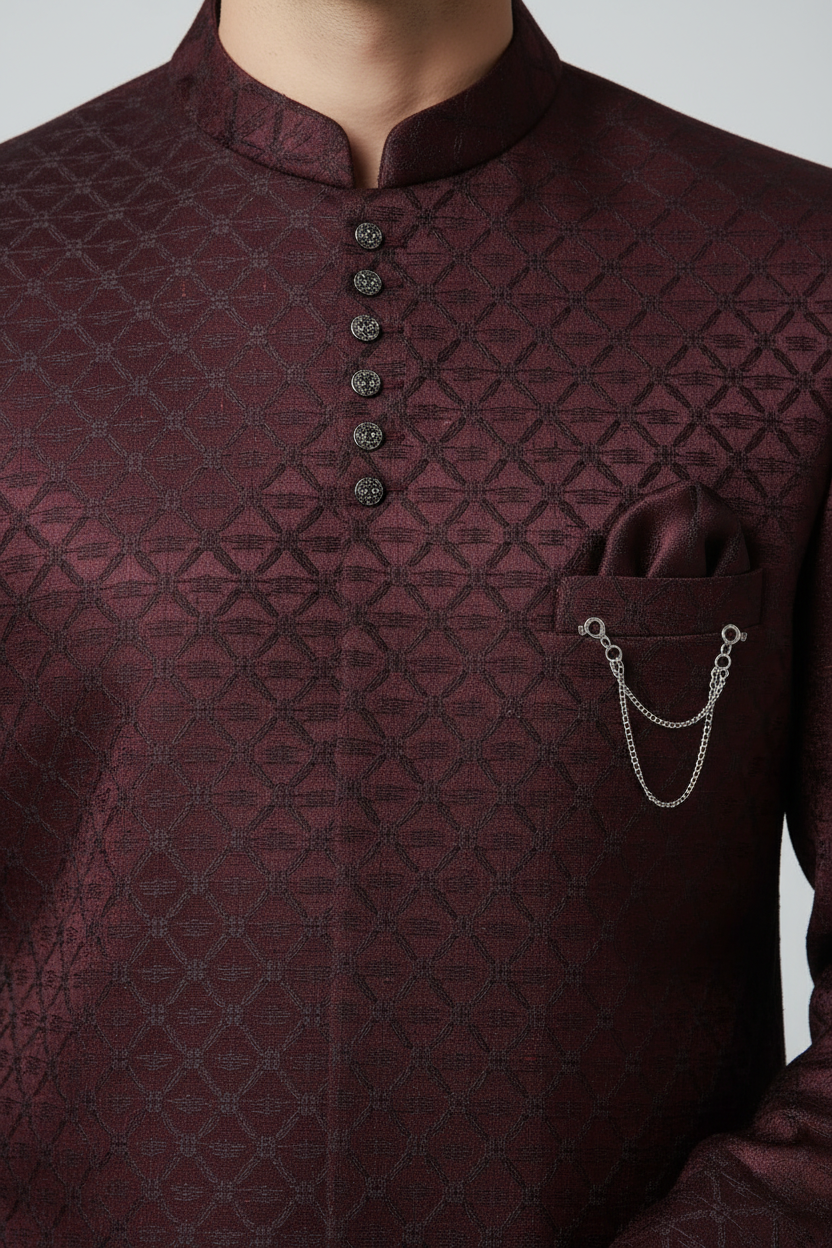 J.M. HENARI Men’s Designer Wine Indo-Western Sherwani - Image 4