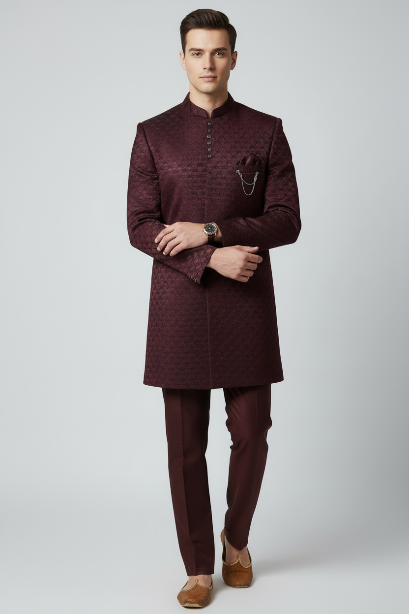 J.M. HENARI Men’s Designer Wine Indo-Western Sherwani - Image 5