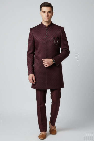 J.M. HENARI Men’s Designer Wine Indo-Western Sherwani