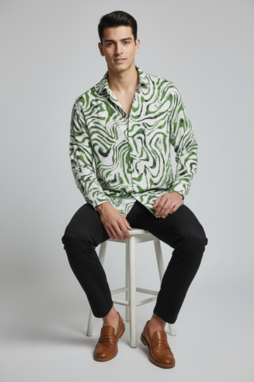 Seven Dot White & Green Abstract Printed Slim Fit Shirt for Men