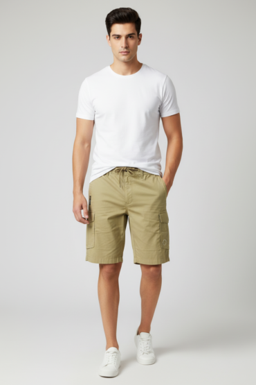 Men’s Beige Cargo Shorts with Drawstring Waist & Multi Pockets